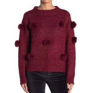 Michelle Nicole Women's Sweater Rabbit Fur Pom Long Sleeve Crewneck Red Size M